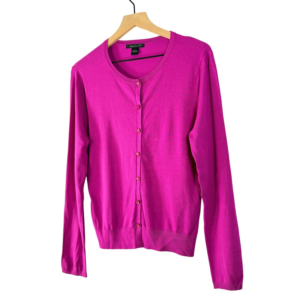 August Silk Womens Fuchsia Pink Crew Neck Long Sleeve Button Front Cardigan L - Picture 4 of 11